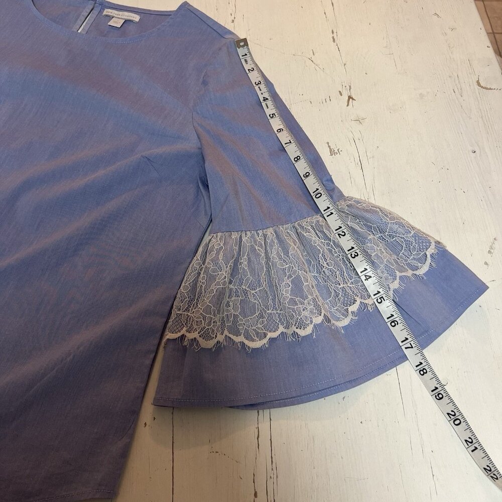 NYC NEW YORK & COMPANY Women's Blue White Top Lace 3/4 Bell Sleeve M Oversized - Picture 8 of 13